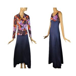 1970s vintage set sleeveless floral maxi dress with matching jacket floral print